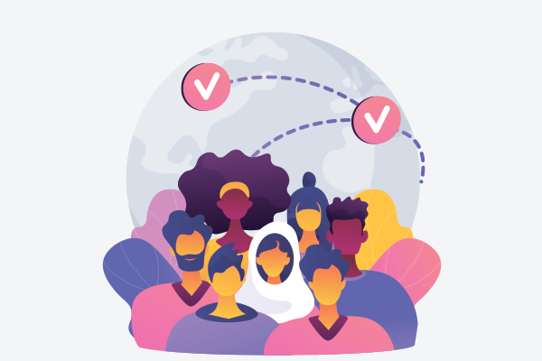 Group of people with check marks above their heads.