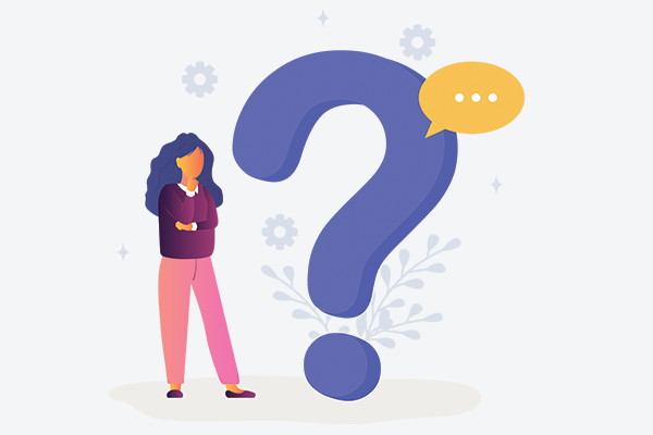 A person stainding beside a large question mark.