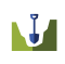 A blue shovel in a freshly dug hole.